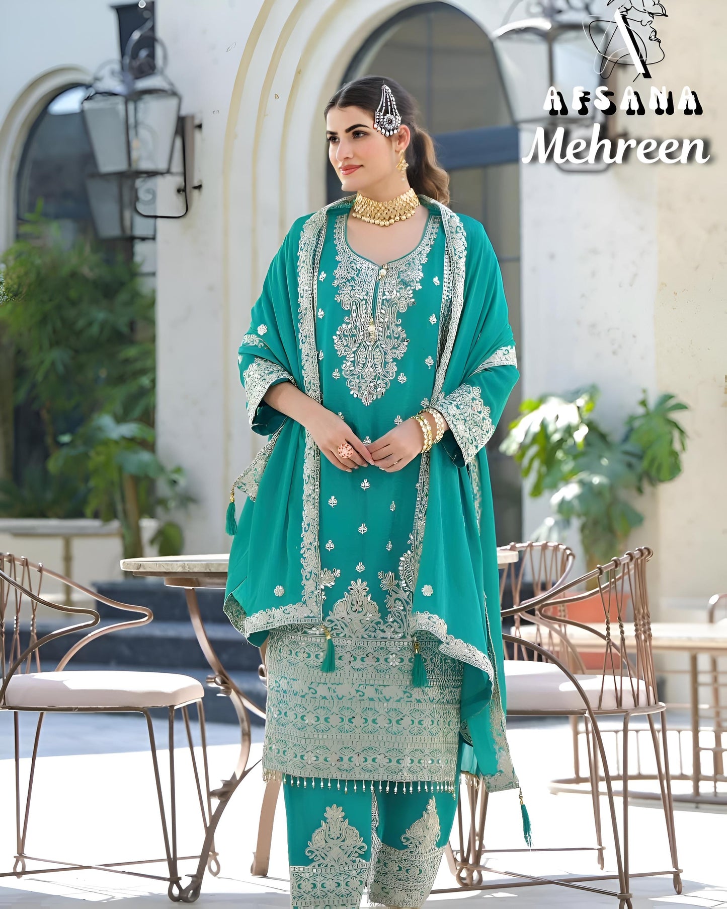 AFSANA Persian Green, Embroidery Kurti with Plazzo