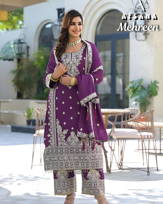 AFSANA Plum Purple, Embroidery Kurti with Plazzo