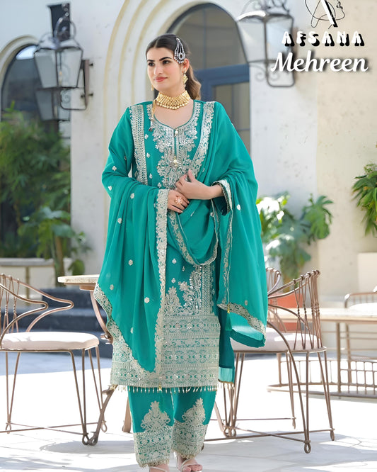 AFSANA Persian Green, Embroidery Kurti with Plazzo