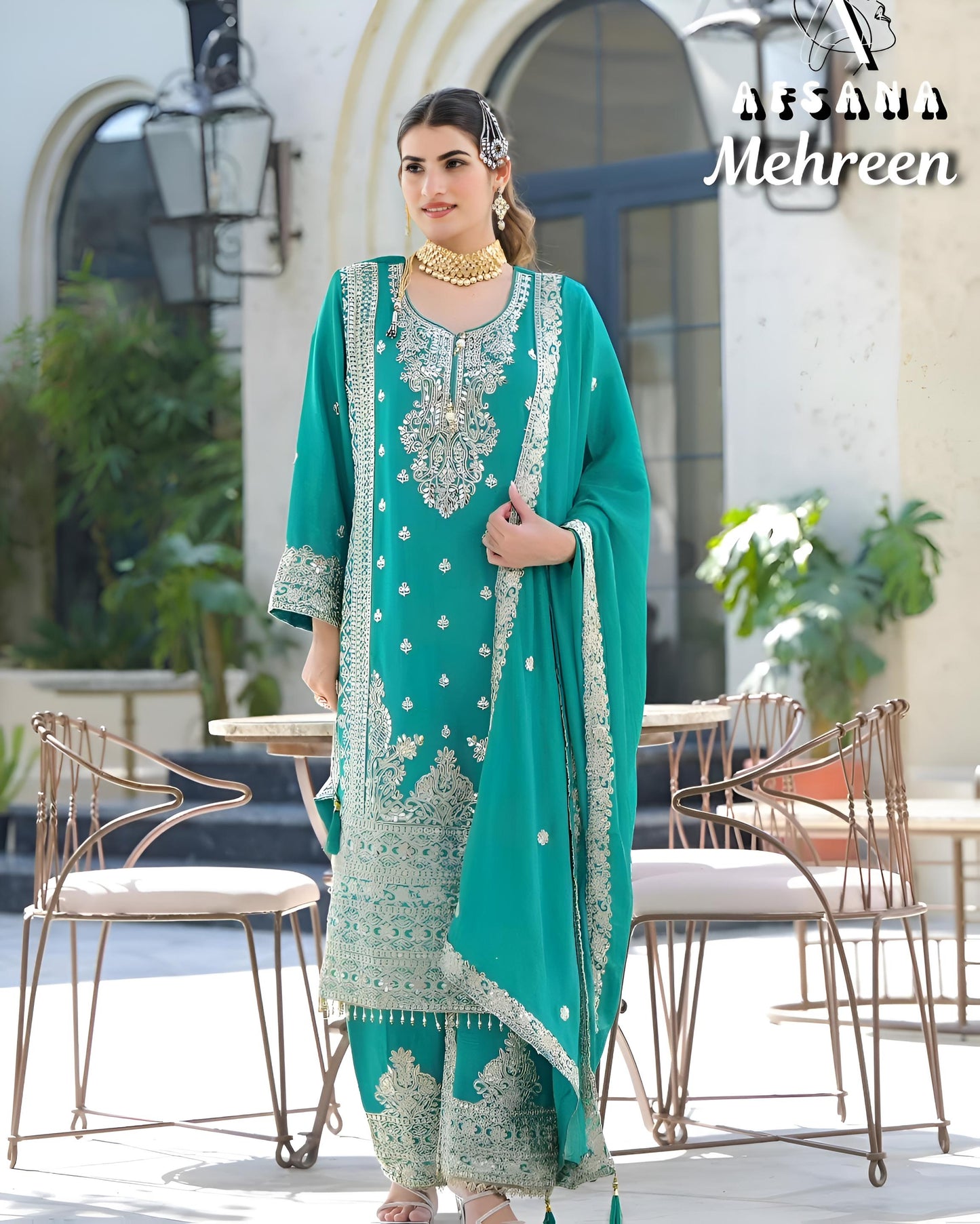 AFSANA Persian Green, Embroidery Kurti with Plazzo