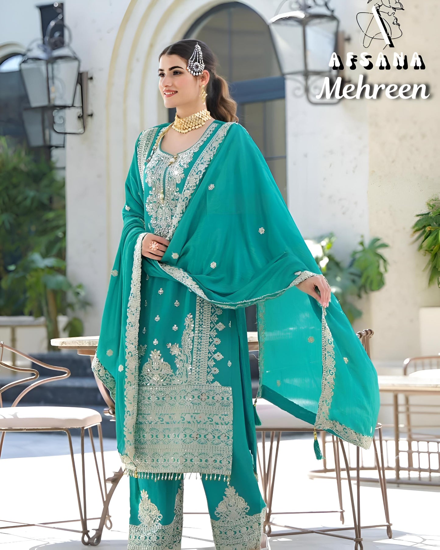 AFSANA Persian Green, Embroidery Kurti with Plazzo