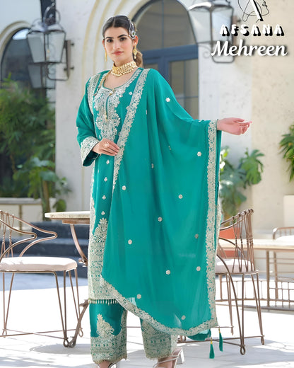 AFSANA Persian Green, Embroidery Kurti with Plazzo